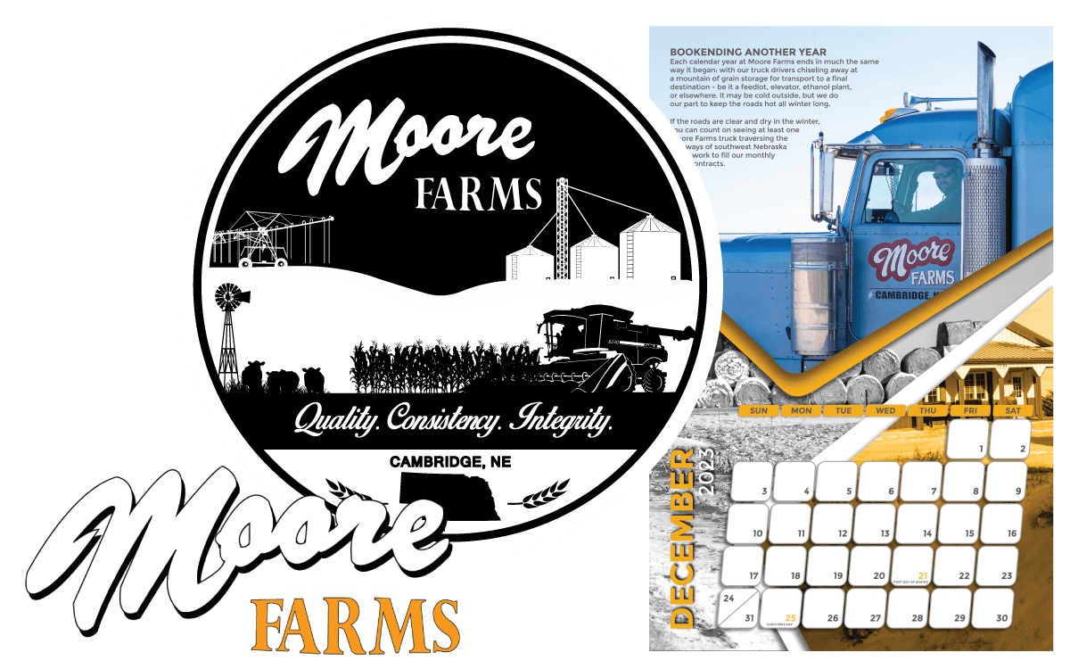 A collage of branding and print projects I have done for my parents' farm - including sweatshirt emblem, logo redraw, and annual calendar